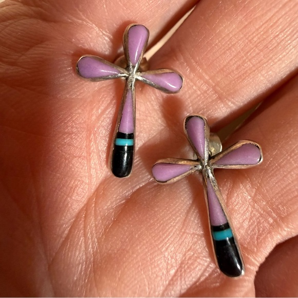 Vintage Native American Zuni Mosaic stone sterling silver cross earrings